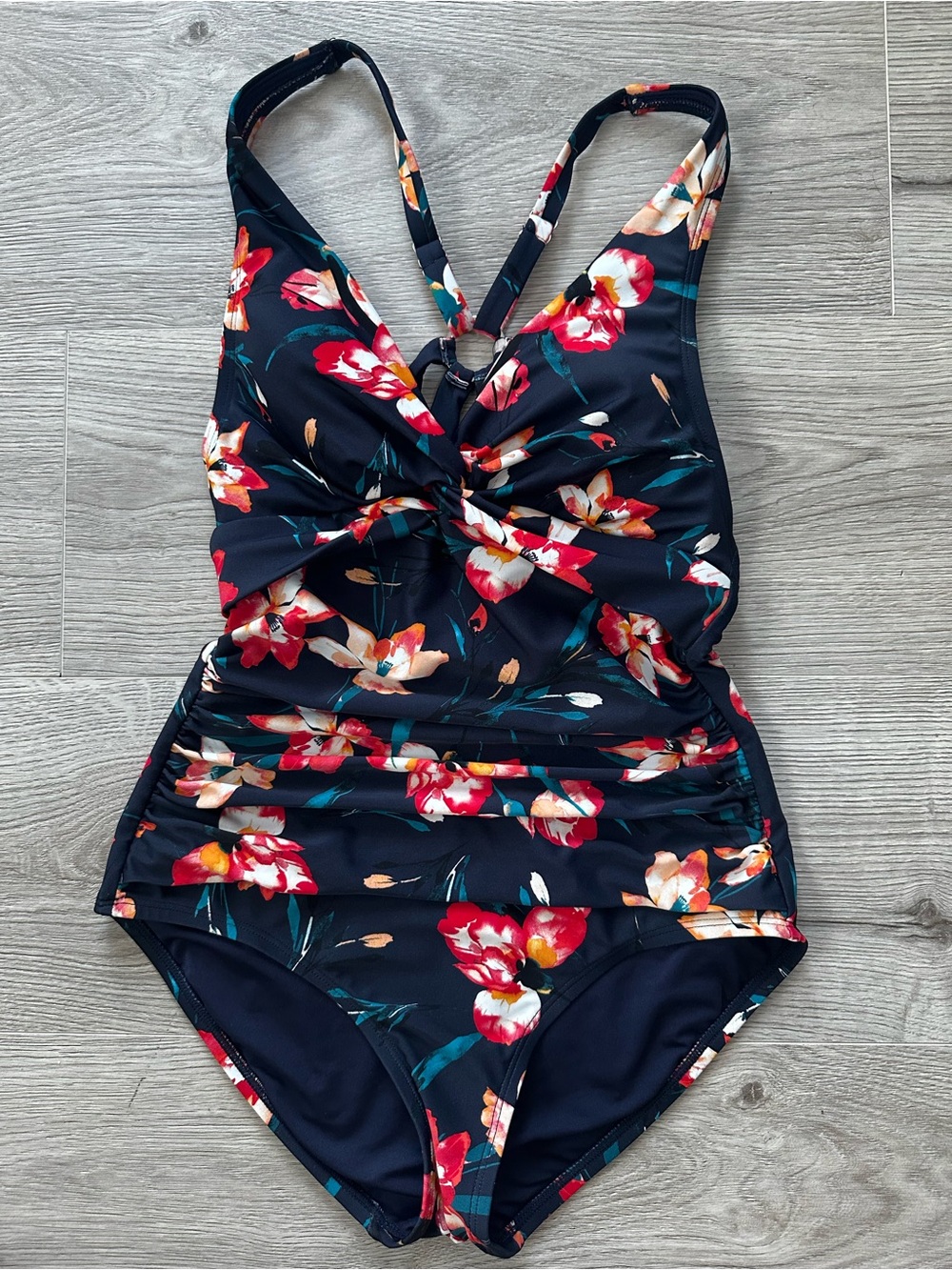 DKNY Floral Twist-Front Strappy-Back One-Piece Swimsuit Size 6 Rouche Tropical